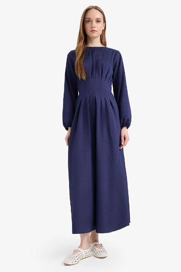 Regular Fit Bisiklet Yaka Uzun Kollu Maxi Elbise F2728AX25SP - 3