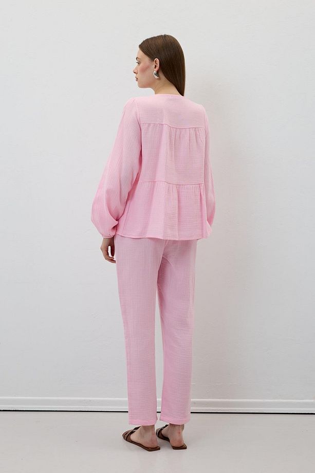 Yakası Bağcıklı Müslin Bluz PEMBE - 4