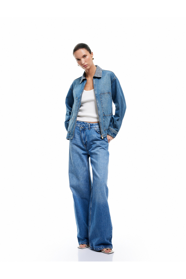 Wide Leg Pocket Buttoned Jean Trousers - Loose Straight Fit Jean