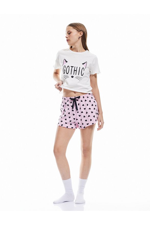 Pamuklu Kısa Kollu Kedi Temalı Kalp Baskılı Şort Pijama Takımı - 2