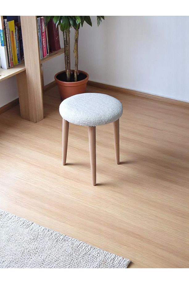Teddy Kumaşlı Yuvarlak Tabure, Masif Ayaklı Tabure, Salon, Balkon, Makyaj Masası, Yemek Masası - 3
