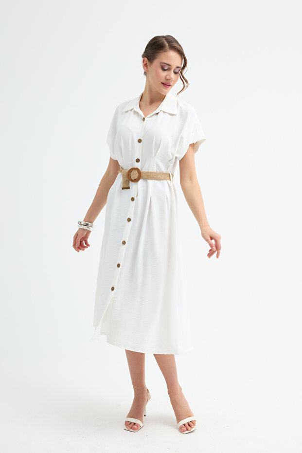 Women's White Straw Belted Midi Shirt Dress