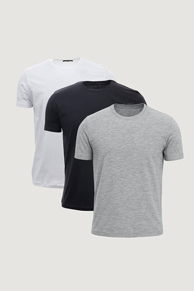 Slim Fit Slim Fit Crew Neck 100% Cotton 3-Piece T-Shirt Pack Black - White - Gray