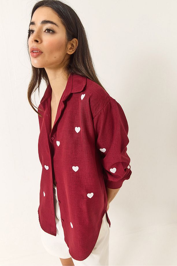 Kadın Nakış Kalp İşlemeli Oversize Gömlek 60251090 - 3