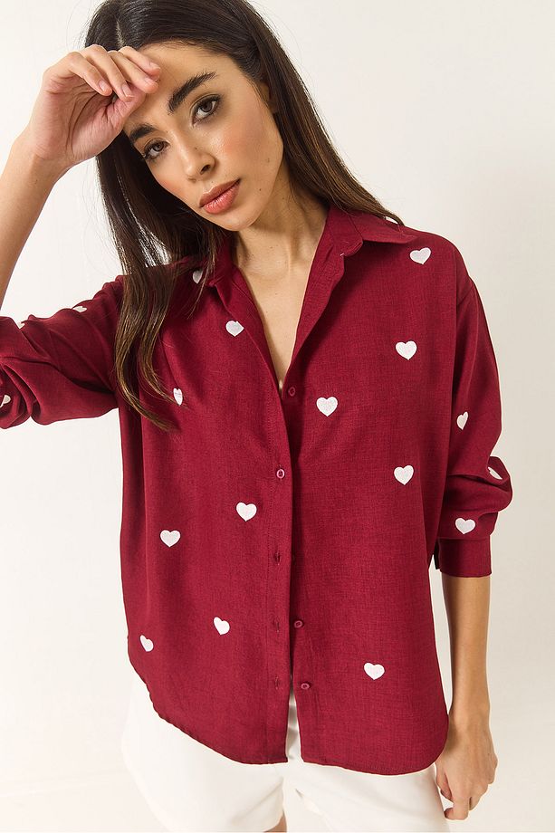 Kadın Nakış Kalp İşlemeli Oversize Gömlek 60251090 - 4
