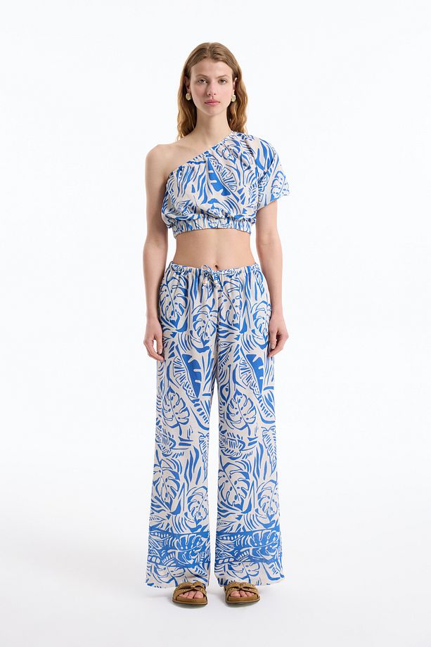 Tropik Desenli Tek Omuz Crop Bluz Mavi - 4