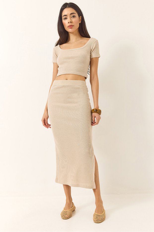 Women's Beige Square Neck Short Sleeve Crop Slit Detailed Camisole Bottom-Top Set 60284032
