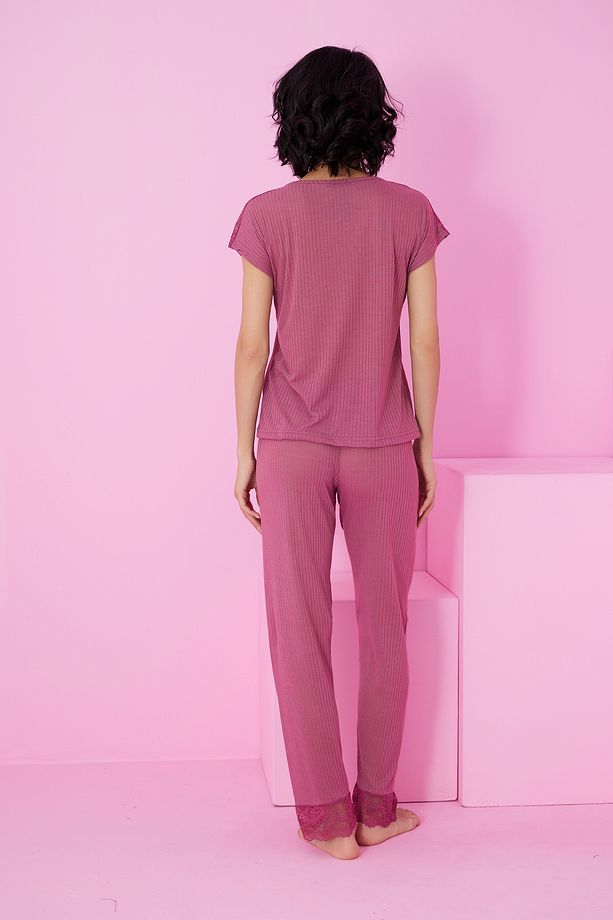 vişne Soft Touch İnce Mevsimlik Dantel Detaylı Örme Pijama Takım7864 - 3