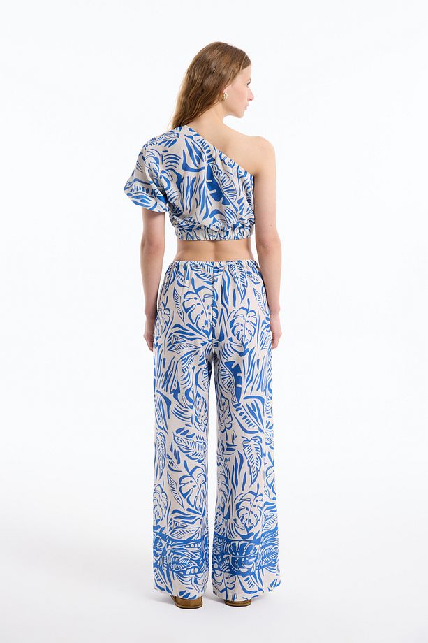 Tropik Desenli Tek Omuz Crop Bluz Mavi - 6