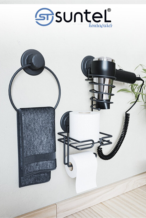 Adhesive 3-Piece Bathroom Set Refillable Toilet Roll Holder Foulard Towel Holder Installation Without Drilling |