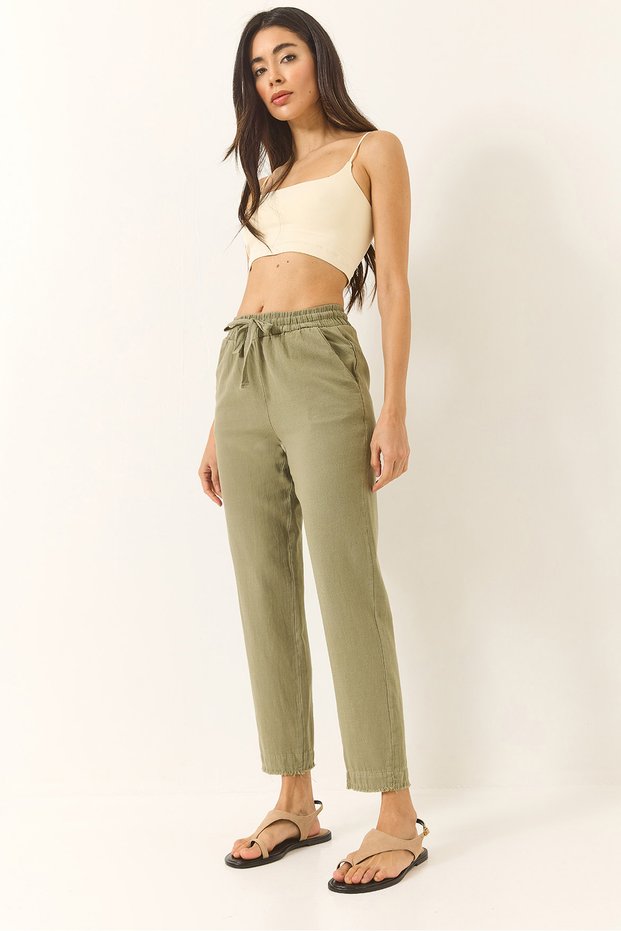 Women's Khaki Tie-Waist Leg Detail Pocketed Linen Carrot Trousers Yp5134 60283180