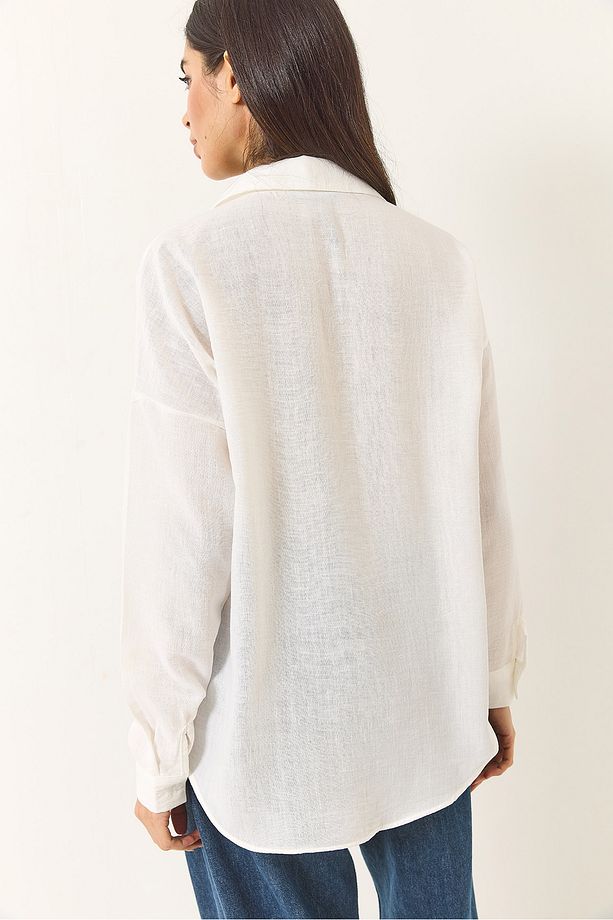 Kadın Oversize Tek Cep Detaylı Keten Gömlek 20153 60283238 - 8