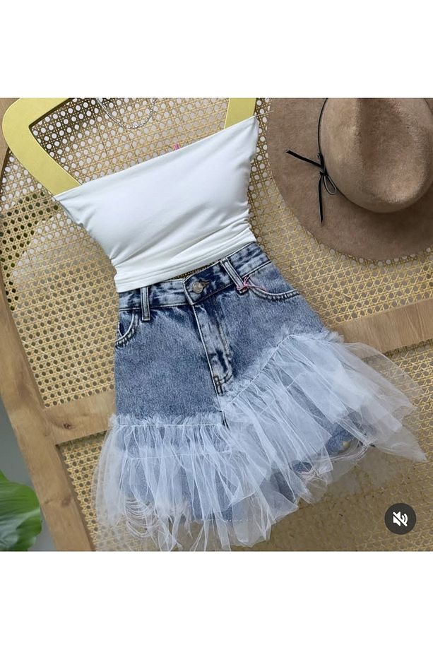 Quzu Kadın Yüksek Bel Mom Denim Tül Detaylı Şort - 1