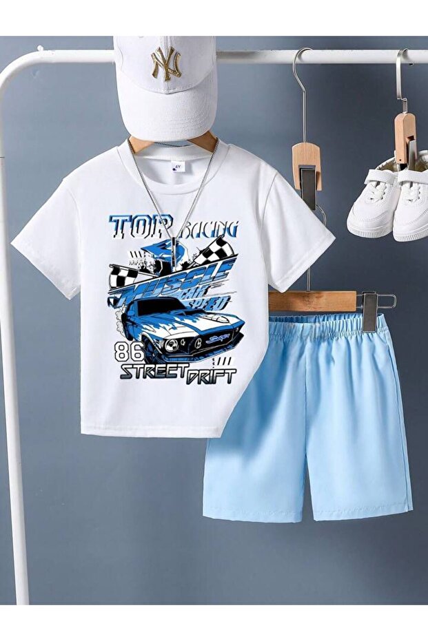 Children Street Printed Blue Shorts White T-Shirt Bottom Ust Set
