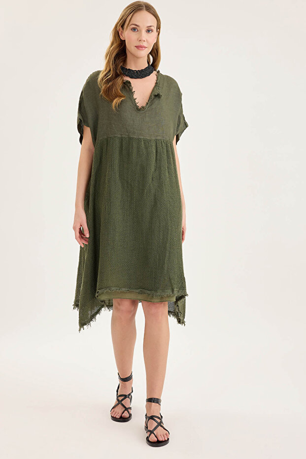 Kısa Kol Etek Kısmı Fileli Keten Elbise - 3