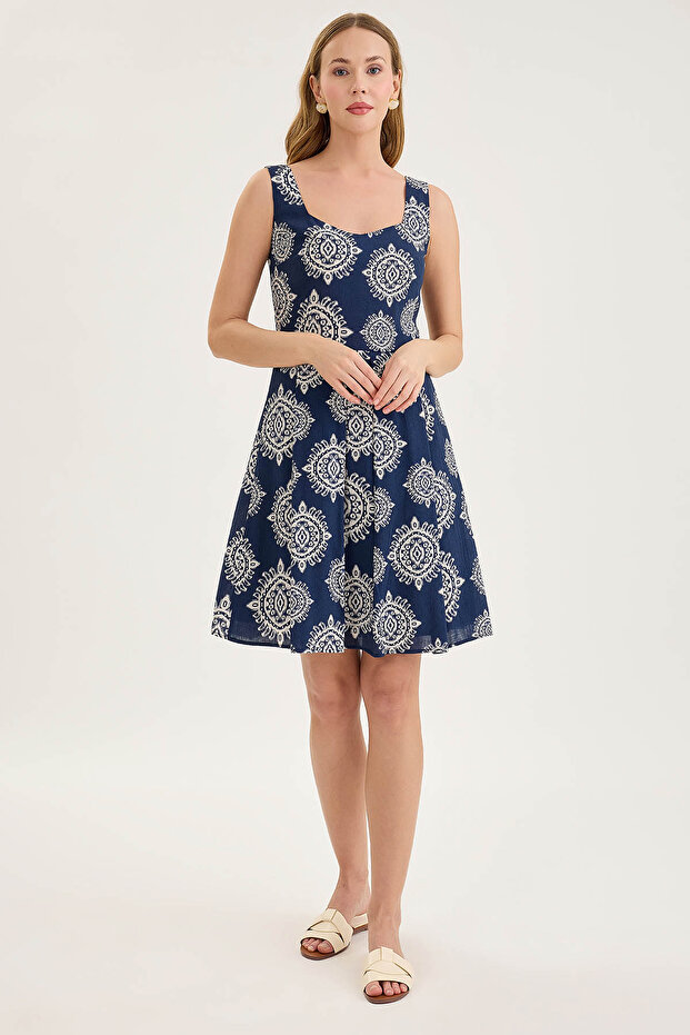 Thick Strap Patterned Pleated Mini Dress - 1