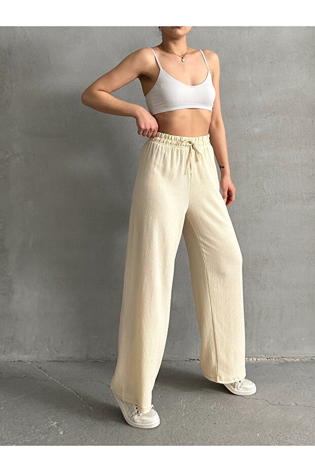 Dámské krémové kalhoty Palazzo s elastickým pasem - 2