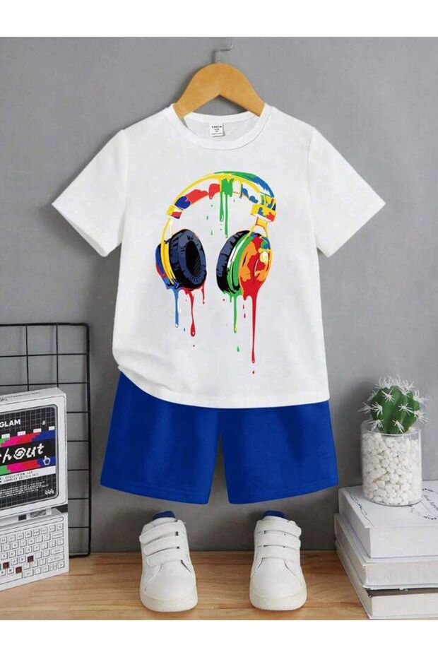 Children's Colorful Earphones Printed Sax Shorts White T-Shirt Bottom Ust Suit