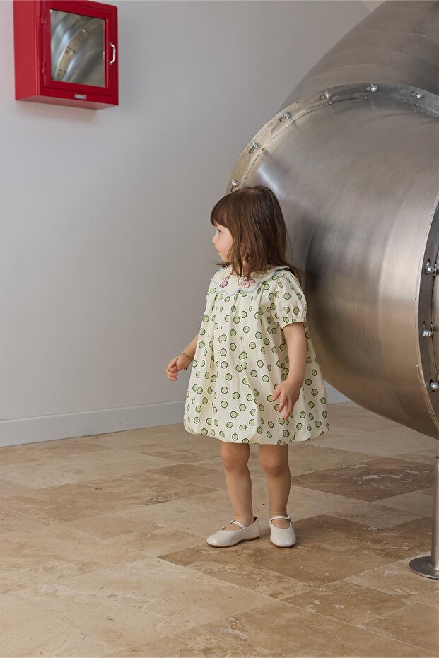 Yeşil Yaka Nakışlı Balon Elbise - 2