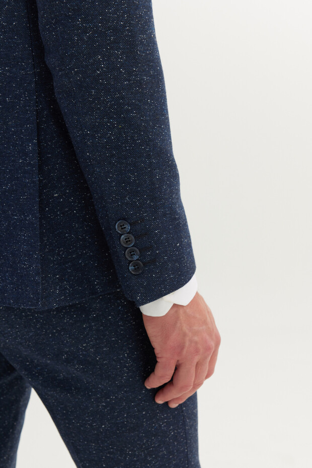 Erkek Lacivert Slim Fit Dar Kesim Kırlangıç Yaka Desenli Takım Elbise - 7