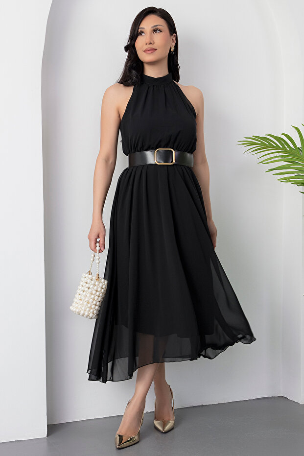 Halter Yaka Kemerli Astarlı Şifon Elbise GRS3734 - 3