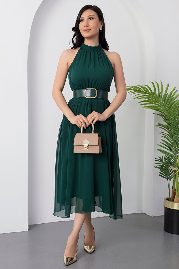 Halter Yaka Kemerli Astarlı Şifon Elbise GRS3734 - 1