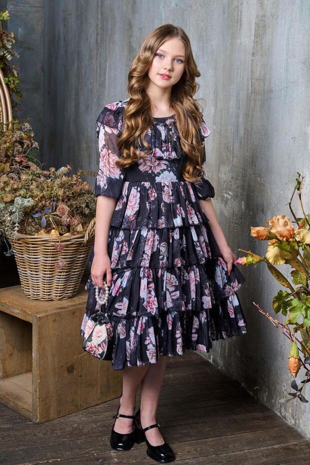 Girl's Rose Patterned Black Dress with Layered Ruffles at the Collar and Skirt