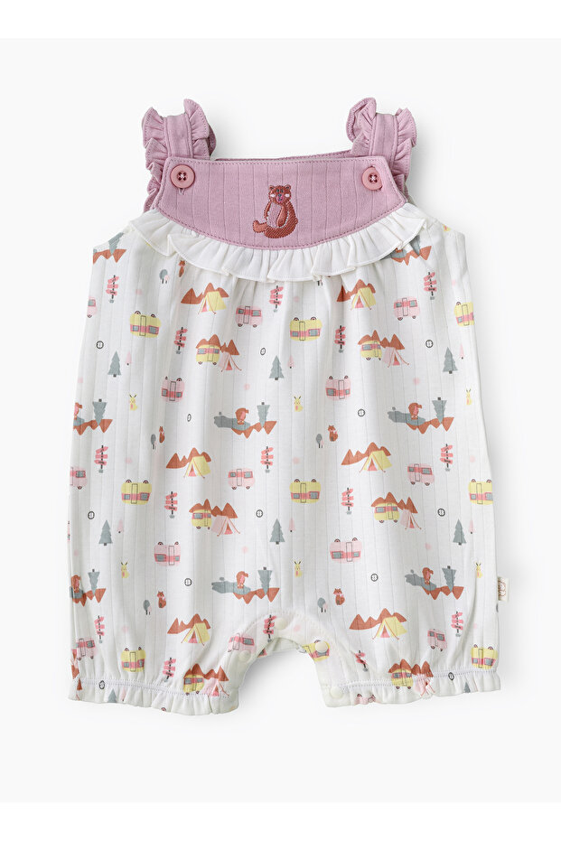 Girls' Printed Sleeveless Romper with Fox Yoke and Ruffle Trim