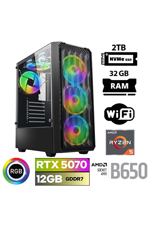 Thunder x40 Ryzen 5 7500F 32GB DDR5 Ram 2TB M.2 NVMe SSD 12GB RTX5070 Masaüstü Oyuncu Bilgisay - 1