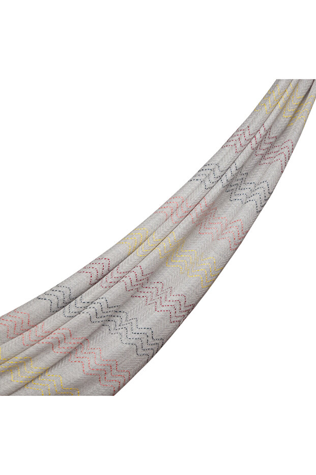 Silver Embroidery Zigzag Pattern Wool Silk Shawl - 1