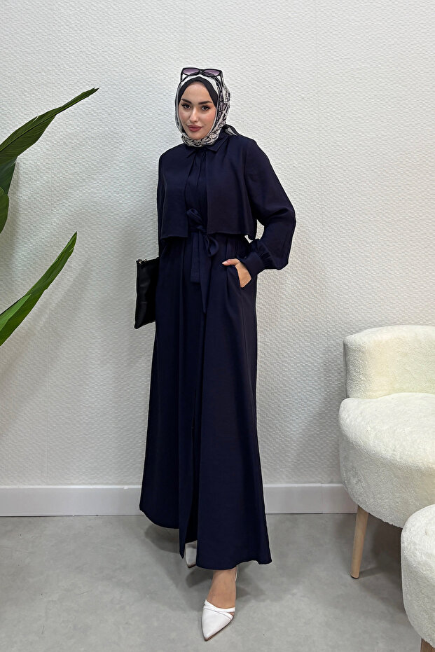 Women's Summer Fabric Hijab Dress - Navy Blue