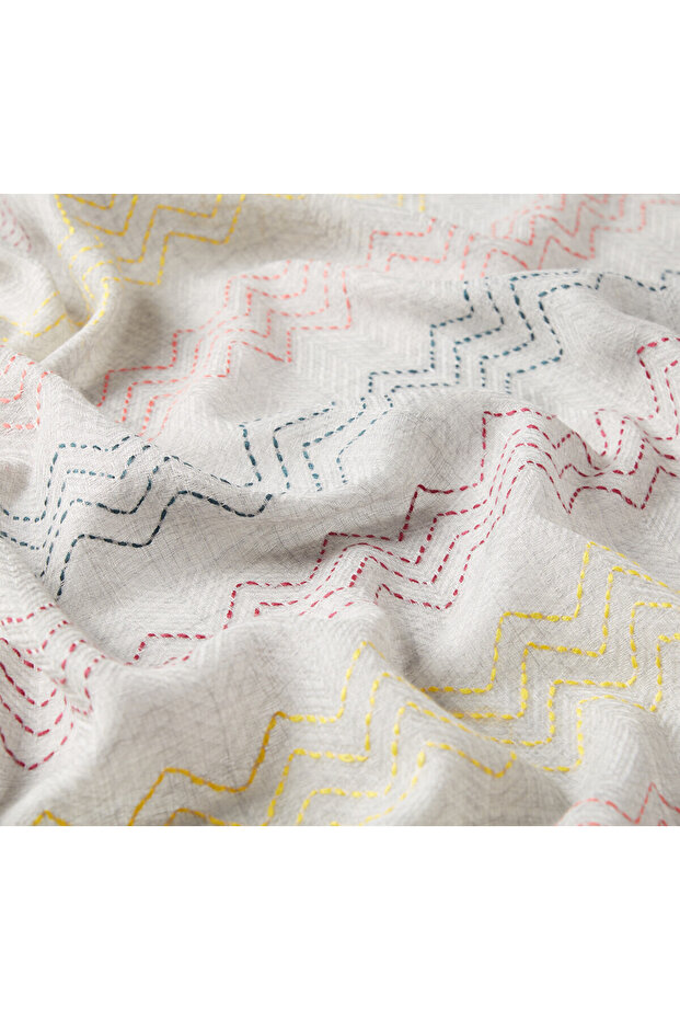 Silver Embroidery Zigzag Pattern Wool Silk Shawl - 3