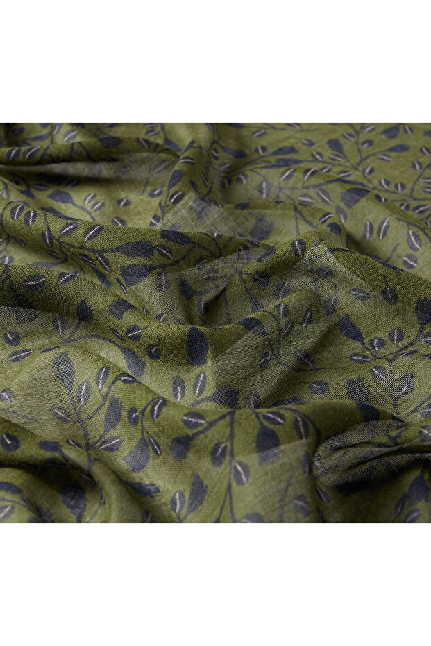 Henna Green Mini Leaf Patterned Wool Shawl - 3