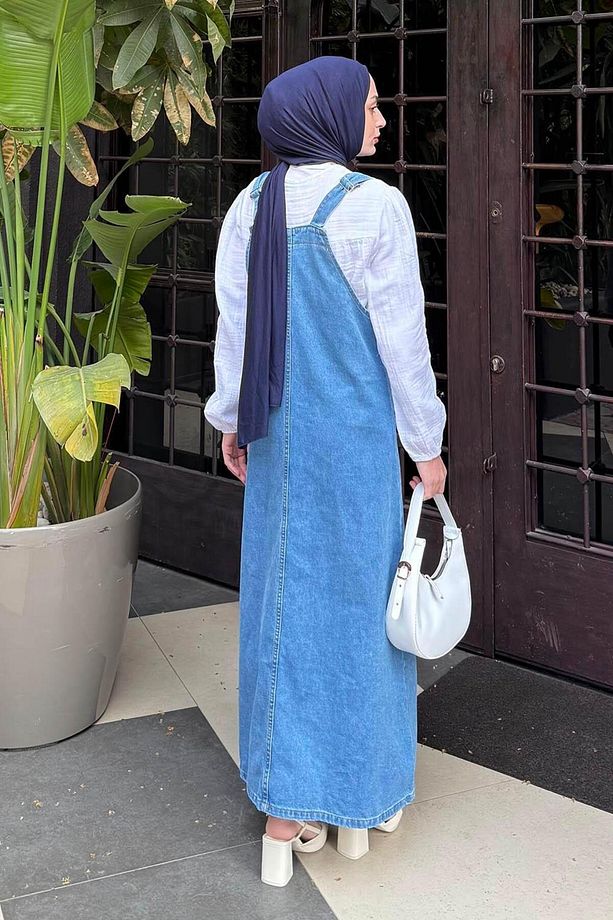 Ön Cep Detaylı Denim Salopet Elbise Mavi - 4