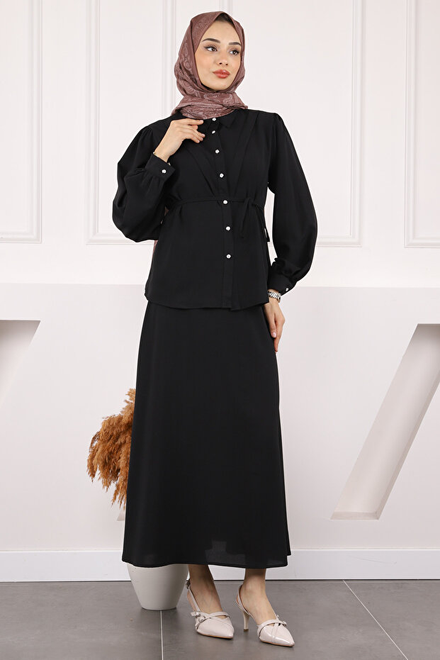 Black Waist Belted Shirt Skirt Suit