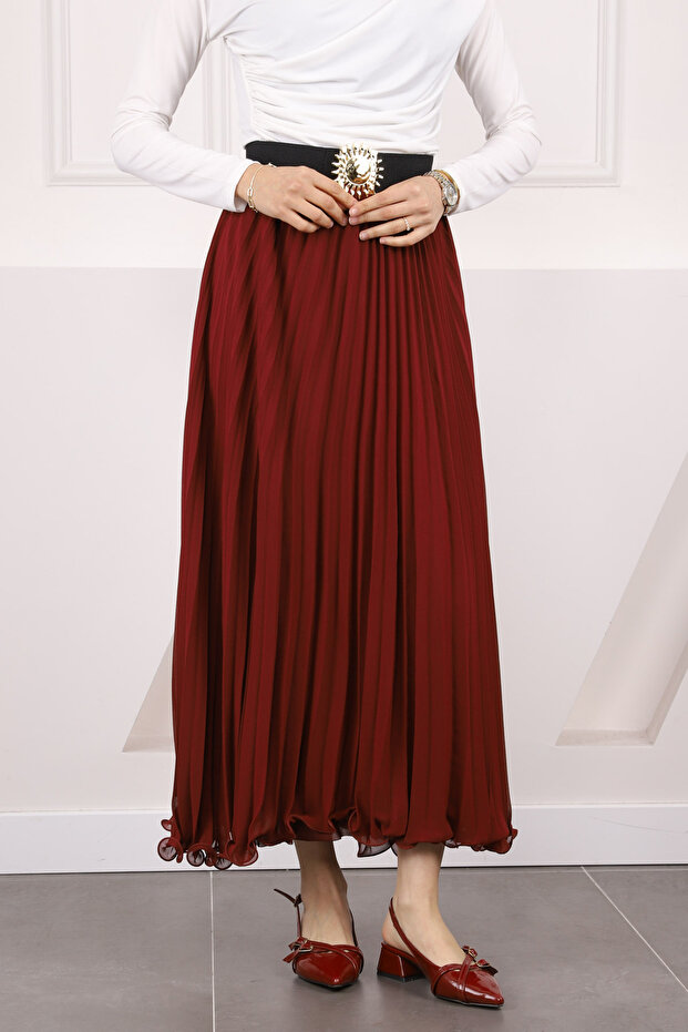 Burgundy Elastic Waist Pleated Chiffon Skirt