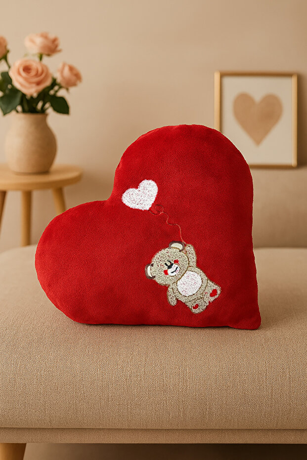 Valentine's Day Themed Heart Pillow with Teddy Bear Embroidery
