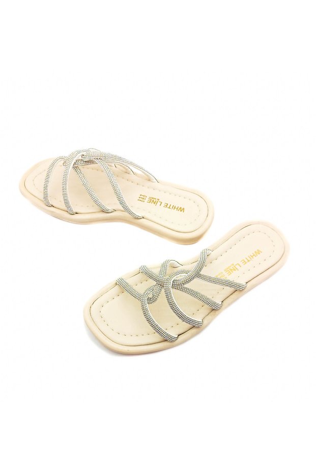 Beige Color Flat Sole Stone Band Detailed Women's Slippers