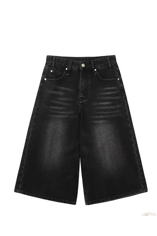 Antrasit Yıkamalı Baggy Jean Şort - 5