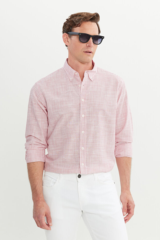 Erkek Kırmızı %100 Pamuk Comfort Fit Rahat Kesim Düğmeli Yaka Çizgili Gömlek - 1