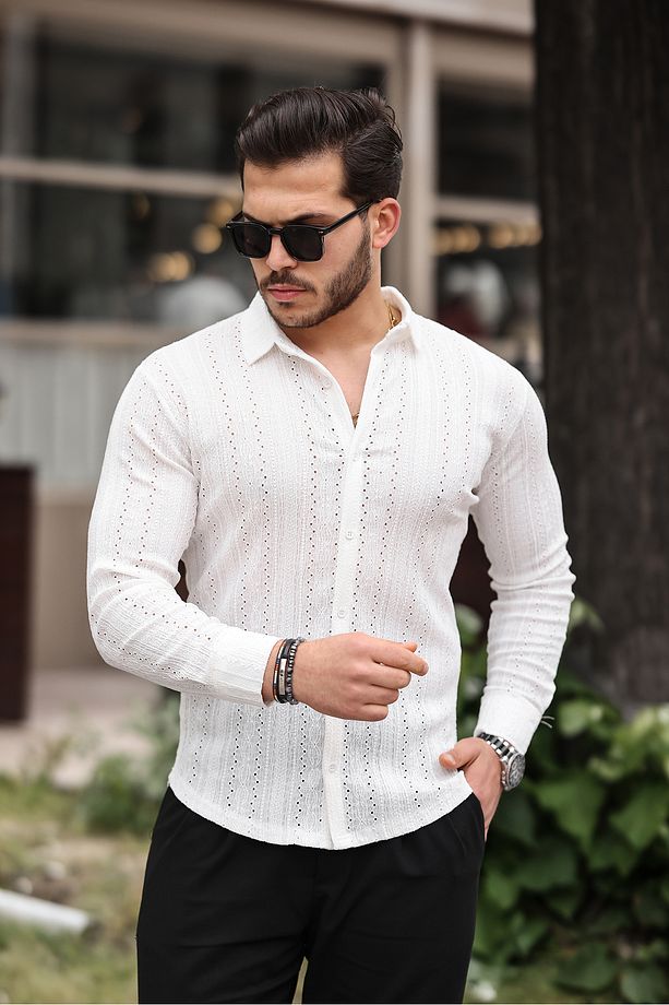 Erkek Uzun Kol Çapraz Delikli Özel Tasarım Desen Örme Kumaş Regular Kalıp Gömlek - 1