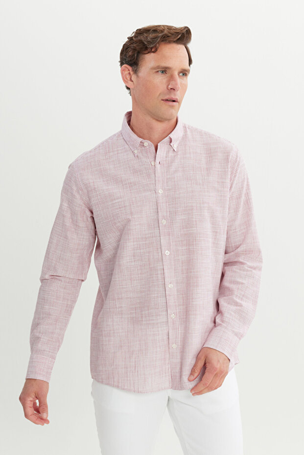 Erkek Bordo %100 Pamuk Comfort Fit Rahat Kesim Düğmeli Yaka Çizgili Gömlek - 3