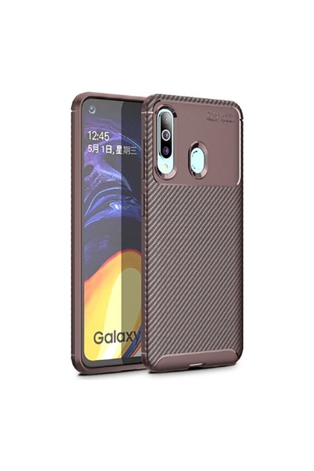 جراب لهاتف Galaxy A20s بنمط كربون Lux Negro سيليكون بني + واقي شاشة كامل