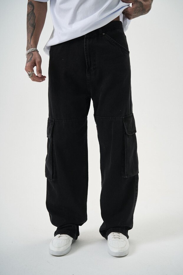 Men's Washed Cargo Baggy Trousers Black
