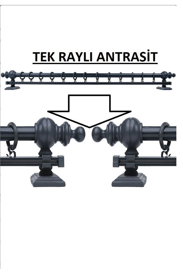 Antrasit Tek Raylı Ahşap Rustik Perde Askısı Rustik Borusu 150 Cm - 1
