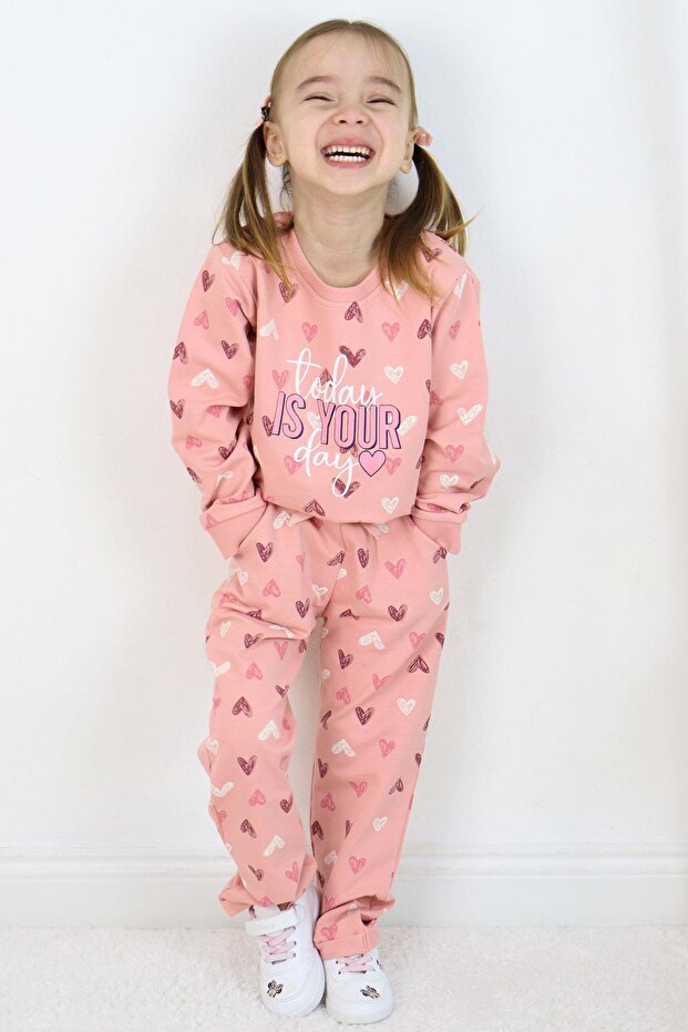 Kız Bebek Eşofman Takım Kalp Desenli Yazı Baskılı 1-4 Yaş, Gülkurusu - 1