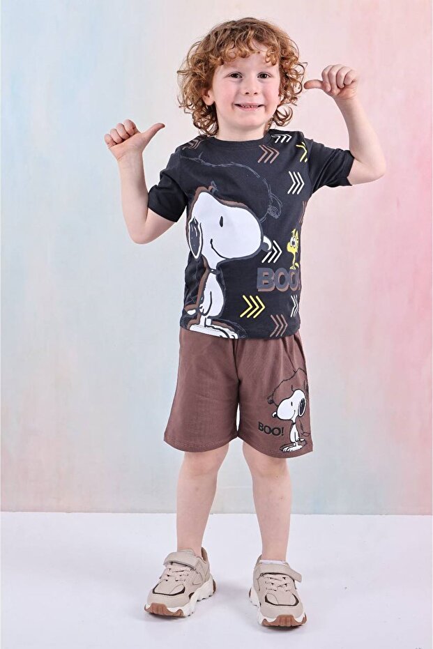 Pjkskt Snoopy Patterned Brown Shorts Boy's Short Sleeve Suit 7603-K