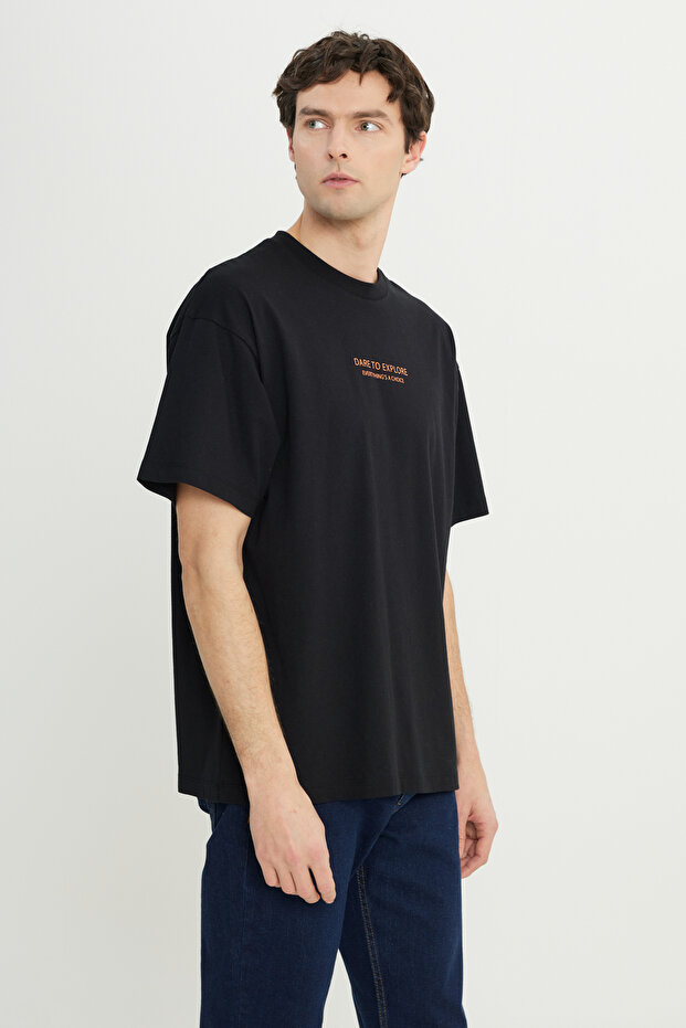 Erkek Siyah %100 Pamuk Oversize Fit Geniş Kesim Bisiklet Yaka Baskılı Tişört - 3
