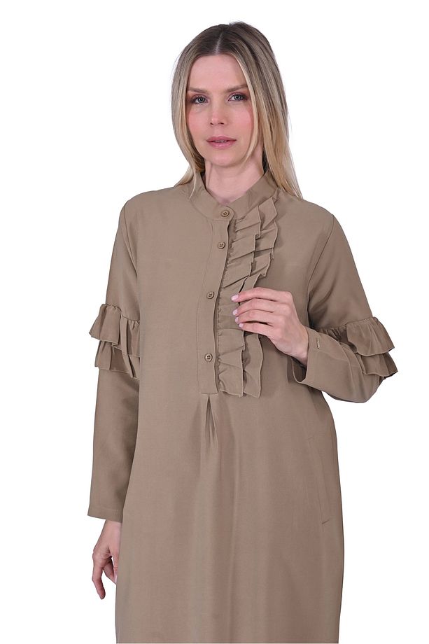 İNVEE 6925 Fırfır Detaylı Camel Elbise - 1