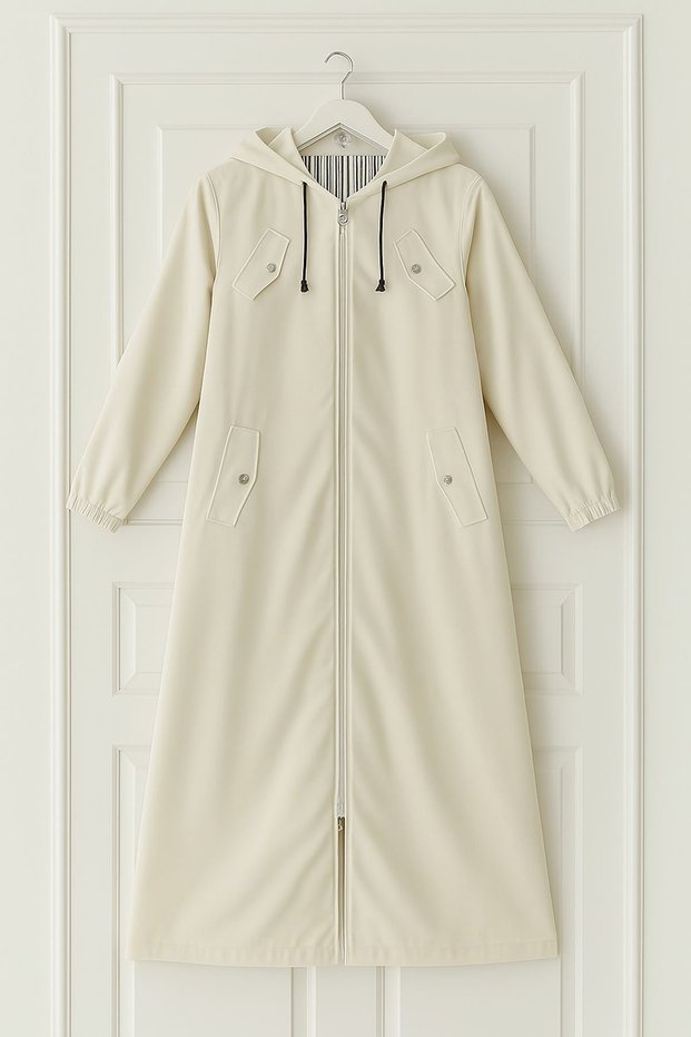 Women's Large Size Waterproof Hooded Pocket Detailed Full Length Top Coat Trench Coat